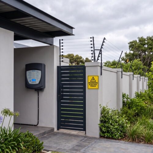 Wall-top electric fence with a Nemtek Druid energiser and warning sign at a South African home